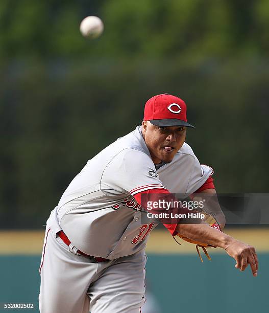Alfredo Simon of the Cincinnati Reds warms up prior to the start of the interleague game against the Cleveland Indians on May 17, 2016 at Progressive...