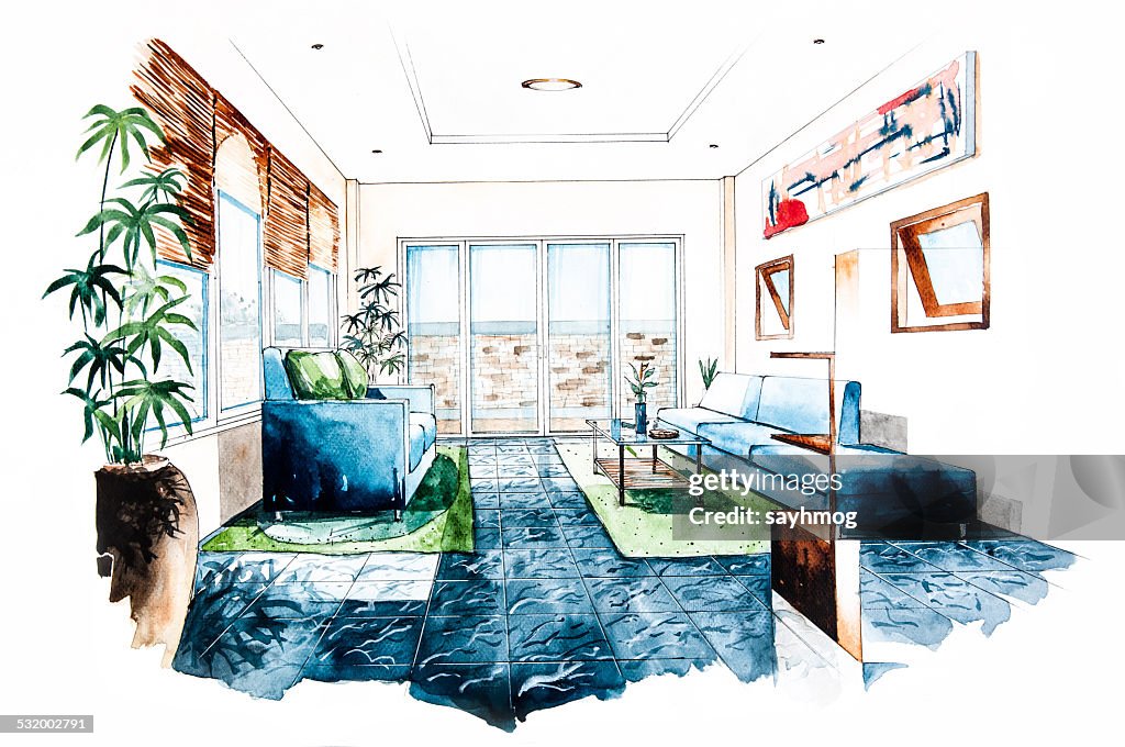 Living Room Design Of Watercolor Painting High-Res Vector Graphic ...