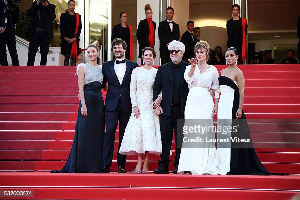 Michelle Jenner, Daniel Grao, Emma Suarez, Pedro Almodovar, Adriana Ugarte and Inma Cuesta attend the 'Julieta' premiere during the 69th annual...