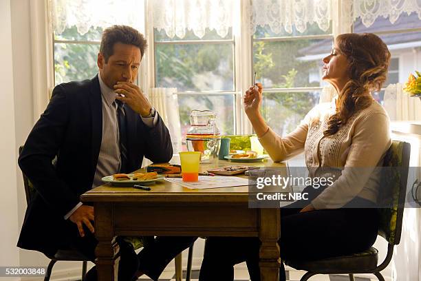 Happiness Is A Warm Gun" Episode 202 -- Pictured: David Duchovny as Sam Hodiak, Clare Carey as Lucille Gladner --