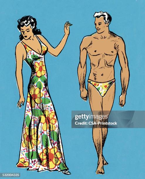 illustrations, cliparts, dessins animés et icônes de mode femme et homme - homme maillot de bain