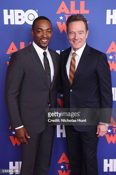 Actors Bryan Cranston and Anthony Mackie attend the NYC special screening of HBO Films' "All The Way" at Jazz at Lincoln Center on May 17, 2016 in...