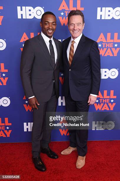 Actors Bryan Cranston and Anthony Mackie attend the NYC special screening of HBO Films' "All The Way" at Jazz at Lincoln Center on May 17, 2016 in...