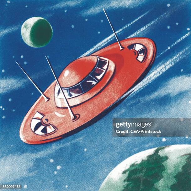 flying saucer in outer space - ufo stock illustrations