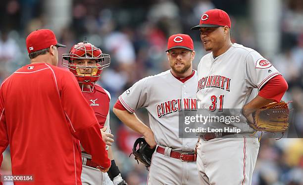 Manager Bryan Price of the Cincinnati Reds makes a pitching change taking Alfredo Simon of the game in the fifth inning of the interleague game...