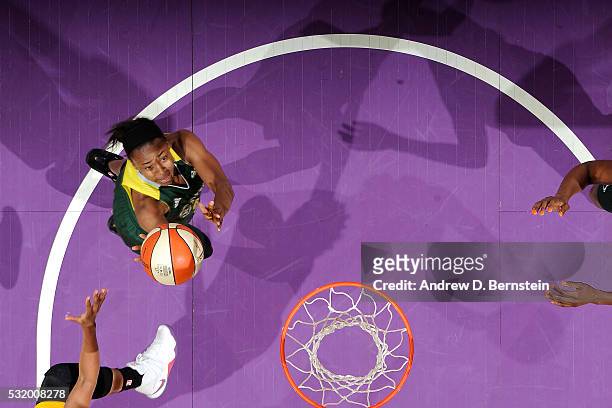 Monica Wright of Seattle Storm goes for the layup during the game against the Los Angeles Sparks on May 15, 2016 at Staples Center in Los Angeles,...