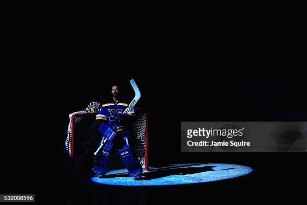 Brian Elliott of the St. Louis Blues looks on prior to Game Two of the Western Conference Final against the San Jose Sharks during the 2016 NHL...