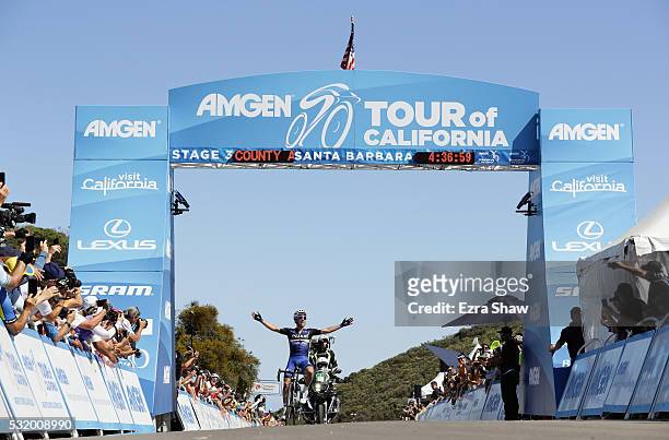 Julian Alphilippe of France riding for Etixx-Quick-Step celebrates as he crosses the finish line to win Stage 3 of the Amgen Tour of California on...