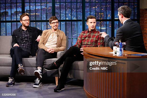 Episode 371 -- Pictured: Akiva Schaffer, Jorma Taccone and Andy Samberg of The Lonely Island during an interview with host Seth Meyers on May 17,...