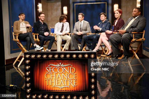 Episode 371 -- Pictured: Jorma Taccone, Akiva Schaffer, Andy Samberg, host Seth Meyers, Collin Jost, Greta Gerwig and Kenan Thompson during the...