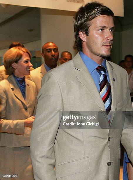 Captain of England football team, David Beckham, arrives for the London 2012 bid presentation at the Raffle City Convention Centre on July 6, 2005 in...