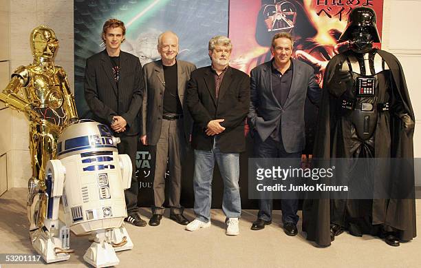Actors Hayden Christensen, Ian McDiarmid, director George Lucas, producer Rick McCallum and Darth Vader attend a photocall to promote the film "Star...