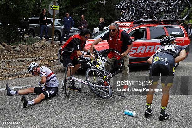 Peter Kennaugh of Great Britain riding for Team Sky and Bryan Coquard of France riding for Direct Energie are invloved in a crash during stage three...