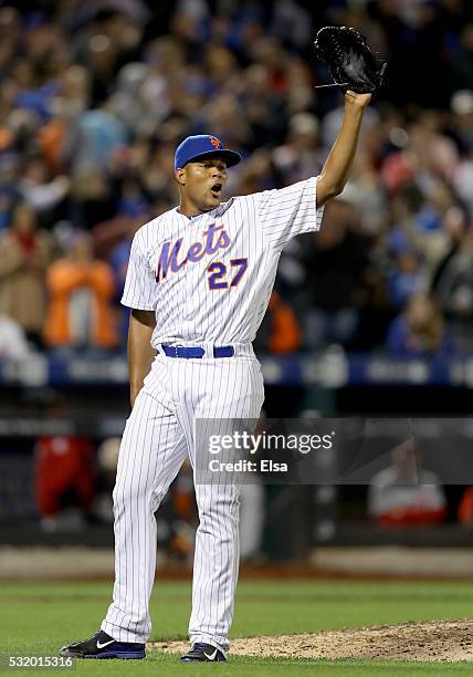 Jeurys Familia of the New York Mets celebrates the 2-0 win over the Washington Nationals at Citi Field on May 17, 2016 in the Flushing neighborhood...