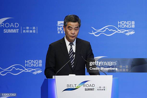 Leung Chun-ying, Hong Kong's chief executive, speaks at the Belt and Road Summit in Hong Kong, on Tuesday, May 18, 2016. Hong Kong should take...