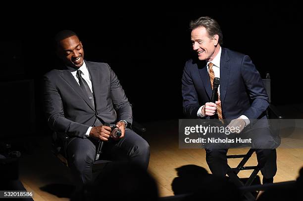 Actors Anthony Mackie and Bryan Cranston participate in a panel discussion after the NYC special screening of HBO Films' "All The Way" at Jazz at...