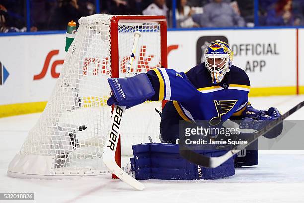 Brian Elliott of the St. Louis Blues is scored on by Brent Burns of the San Jose Sharks during the second period in Game Two of the Western...