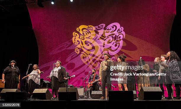 The assembled company perform onstage at the finale of the the the New York Guitar Festival's 'Ring the Golden Bells: Celebrating 101 Years of Sister...