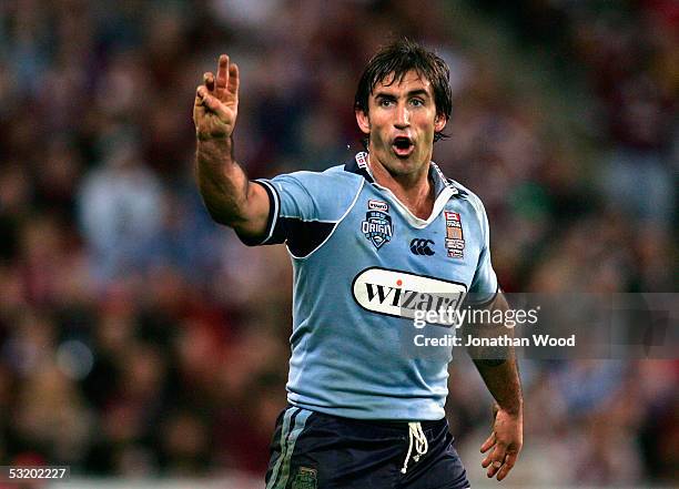Andrew Johns of the Blues in action during game three of the State of Origin series between the Queensland Maroons and New South Wales Blues at...
