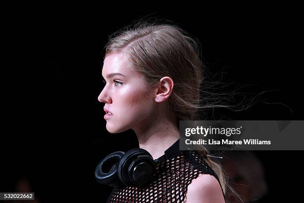 Model walks the runway during the Daniel Avakian show at Mercedes-Benz Fashion Week Resort 17 Collections at Carriageworks on May 18, 2016 in Sydney,...