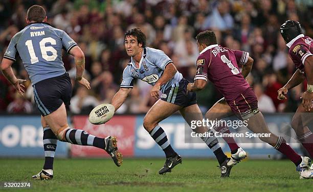 Andrew Johns of the Blues offloads the ball during game three of the ARL State of Origin series between the Queensland Maroons and the New South...