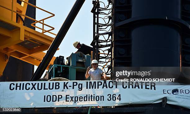 View of a worker of the L/B MYRTLE Offshore Support Vessel, -a scientific plataform working in the Gulf of Mexico- in front of the Yucatan State, in...