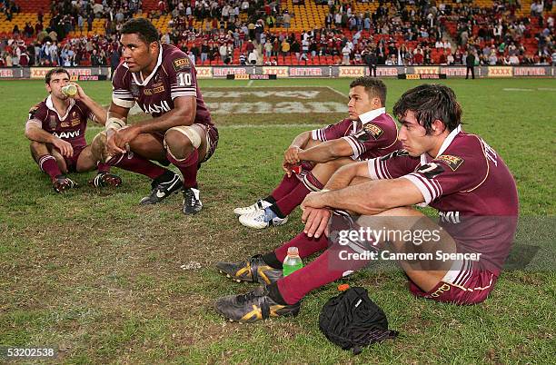 Maroons players look dejected after losing game three of the ARL State of Origin series between the Queensland Maroons and the New South Wales Blues...