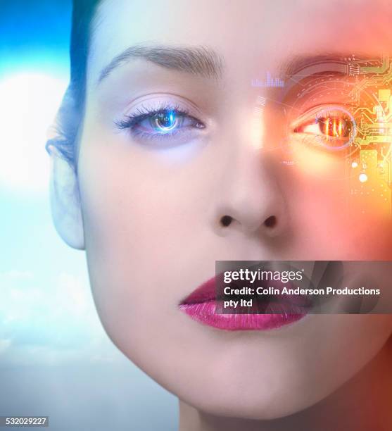 close up of middle eastern woman with advanced technology in her eye - eye scan stock-fotos und bilder