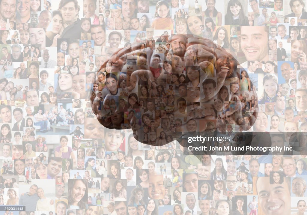 Brain overlaid on collage of faces