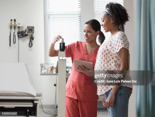 nurse weighing pregnant woman in hospital room - pregnant woman at doctor stock-fotos und bilder