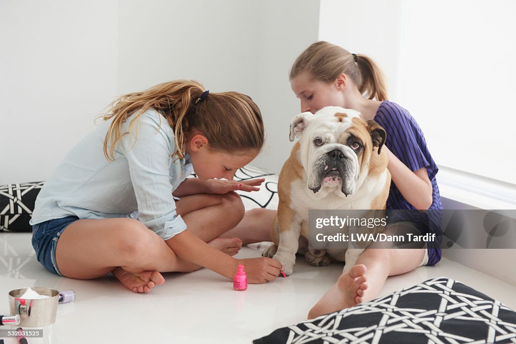 Caucasian girls painting nails of pet dog
