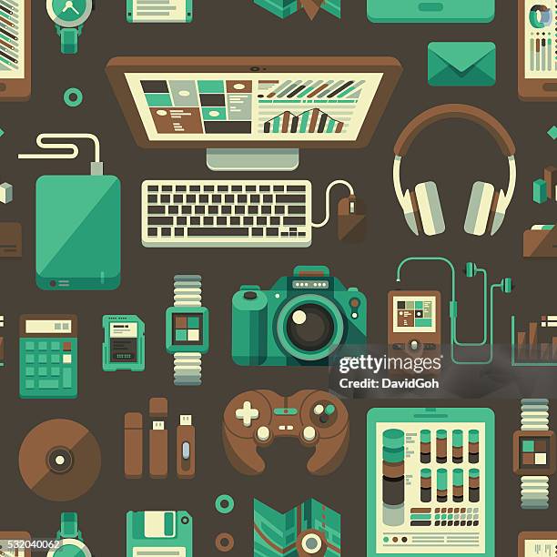 designer's desk flat design pattern - camera vector stock illustrations