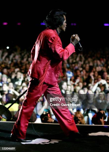 James Brown performs on stage at the Live 8 Edinburgh concert at Murrayfield Stadium on July 6, 2005 in Edinburgh, Scotland. The free gig, labelled...