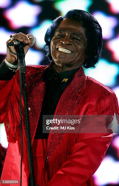 James Brown performs on stage at the Live 8 Edinburgh concert at Murrayfield Stadium on July 6, 2005 in Edinburgh, Scotland. The free gig, labelled...