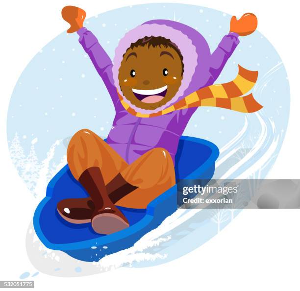 ilustraciones, imágenes clip art, dibujos animados e iconos de stock de teenage boy paseos en trineo en invierno - tobogganing