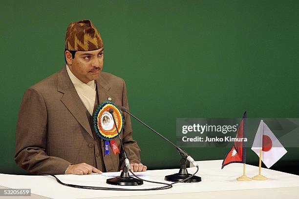 Nepalese Crown Prince Paras Bir Bikram Shah Dev delivers a speech during a ceremony at the 2005 World Exposition during the Nepalese National Day on...