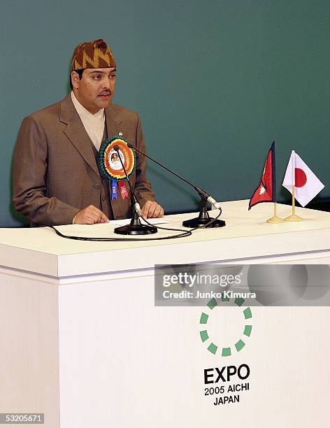 Nepalese Crown Prince Paras Bir Bikram Shah Dev delivers a speech during a ceremony at the 2005 World Exposition during the Nepalese National Day on...