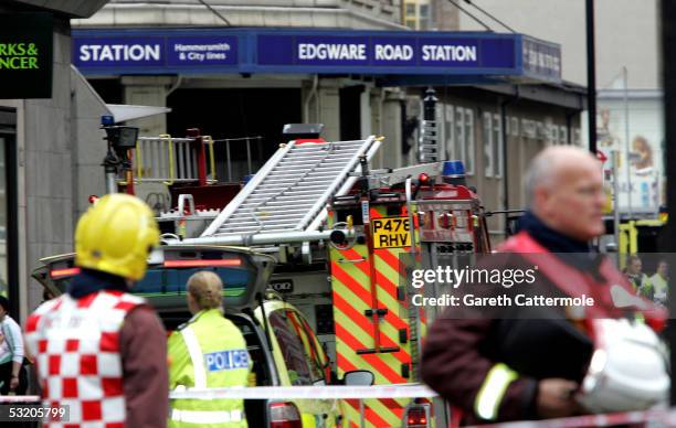 Emergency services arrive at Edgware Road following an explosion which has ripped through London's inderground tube network on July 7, 2005 in...