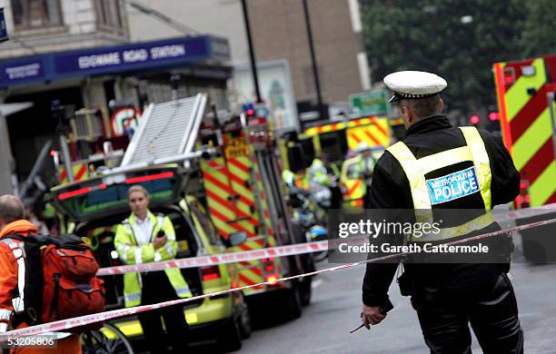 Emergency services arrive at Edgware Road following an explosion which has ripped through London's inderground tube network on July 7, 2005 in...