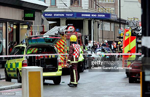 Emergency services arrive at Edgware Road station following a series of explosions which has ripped through London's underground tube network on July...