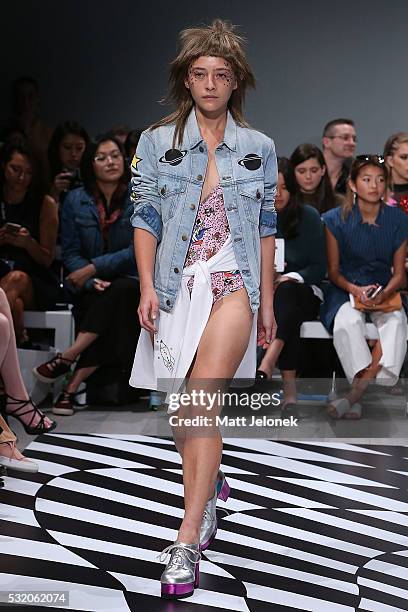 Model walks the runway during the Emma Mulholland show at Mercedes-Benz Fashion Week Resort 17 Collections at Carriageworks on May 18, 2016 in...