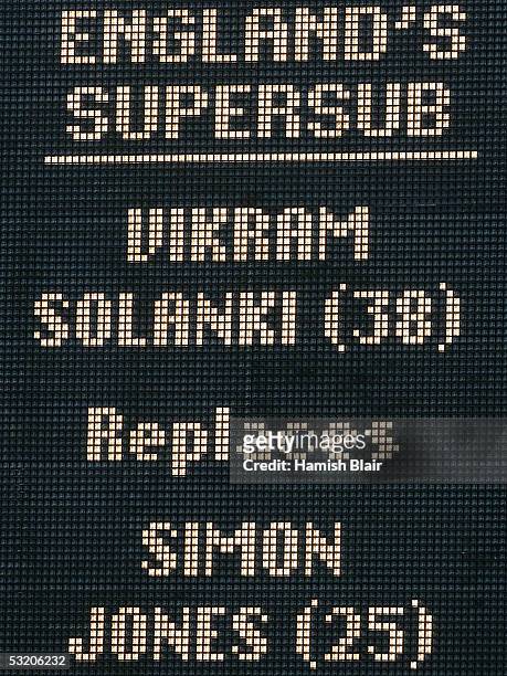 The scoreboard shows the first superseub as Vikram Solanki of England as he replaces team mate Simon Jones during the NatWest Challenge One Day...