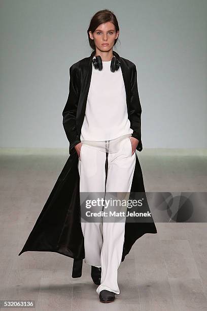 Model walks the runway during the Daniel Avakian show at Mercedes-Benz Fashion Week Resort 17 Collections at Carriageworks on May 18, 2016 in Sydney,...