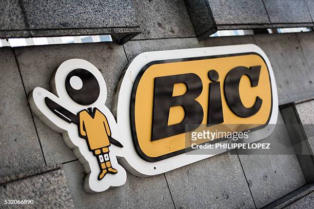 Picture taken on Mat 17, 2016 shows the Bic logo outside the company headquarters in Paris. At nearly 70 Bruno Bich will be re-nominated for two...
