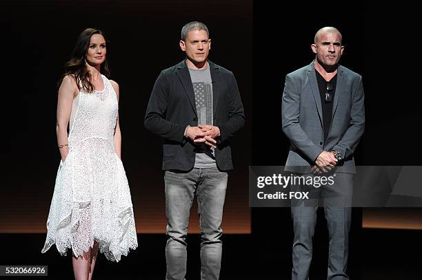 The cast of PRISON BREAK Sarah Wayne Callies, Wentworth Miller and Dominic Purcell during the FOX 2016 PROGRAMMING PRESENTATION announcing FOX's new...