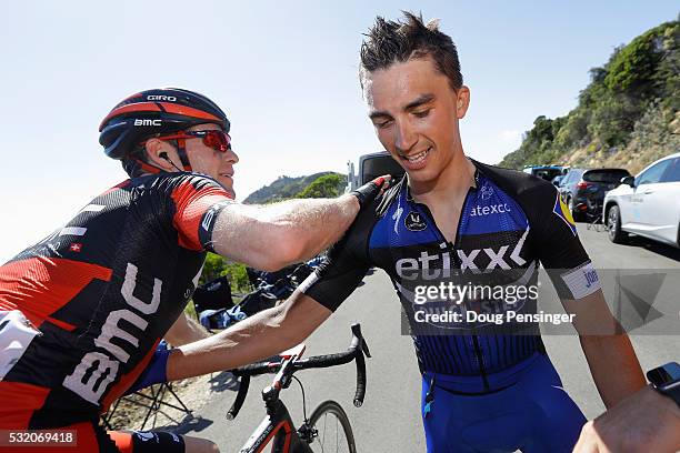 Julian Alphilppe of France riding for Ettix - Quick-Step is congratulated for his win by Rohan Dennis of Australia riding for BMC Racing after stage...