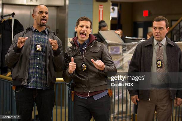 Guest star Damon Wayans, Jr., Andy Samberg and Joe Lo Truglio in the "The 9-8" episode of BROOKLYN NINE-NINE airing Tuesday, Feb. 9 on FOX.