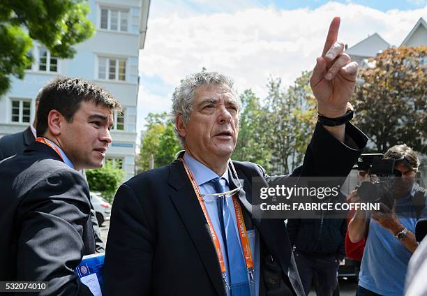 Acting president Angel Maria Villar gestures while leaving an extraordinary meeting on May 18, 2016 in Basel. UEFA's executive committee is meeting...