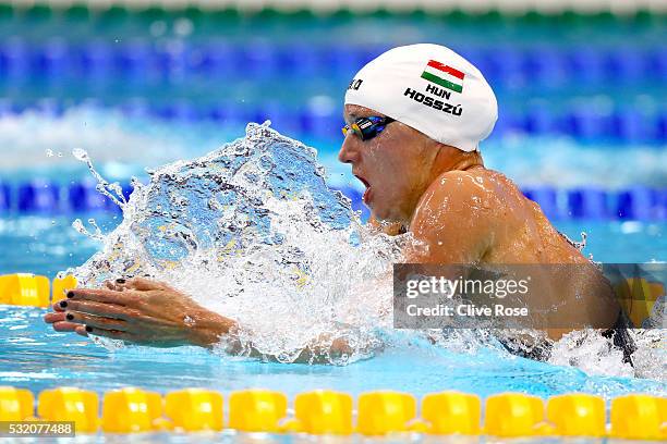 Katinka Hosszu of Hungary competes in the Women's 200m Individual medley heats on day ten of the 33rd LEN European Swimming Championships 2016 at the...