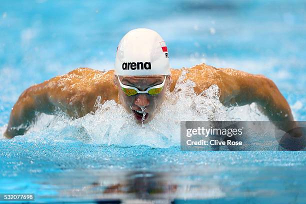 Jan Switkowski of Poland competes in the Men's 200m Butterfly heats on day ten of the 33rd LEN European Swimming Championships 2016 at the London...